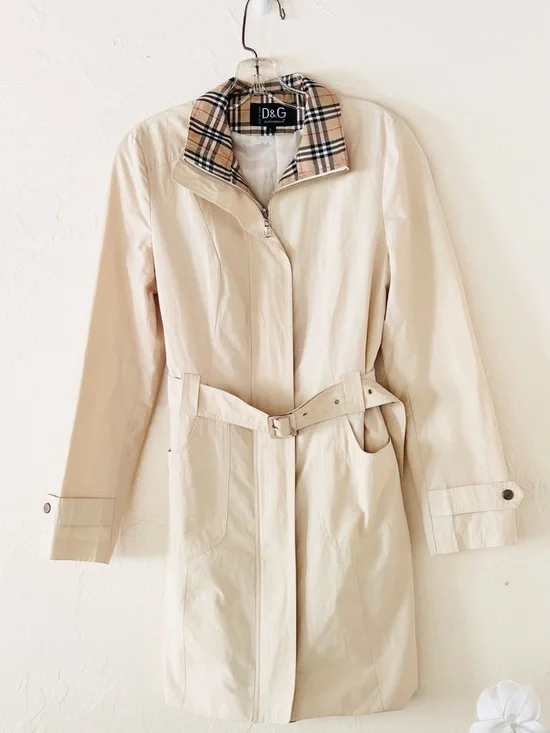 D&G Cream Lightweight Trench Coat Nova Check Lining Large - Picture 3 of 7